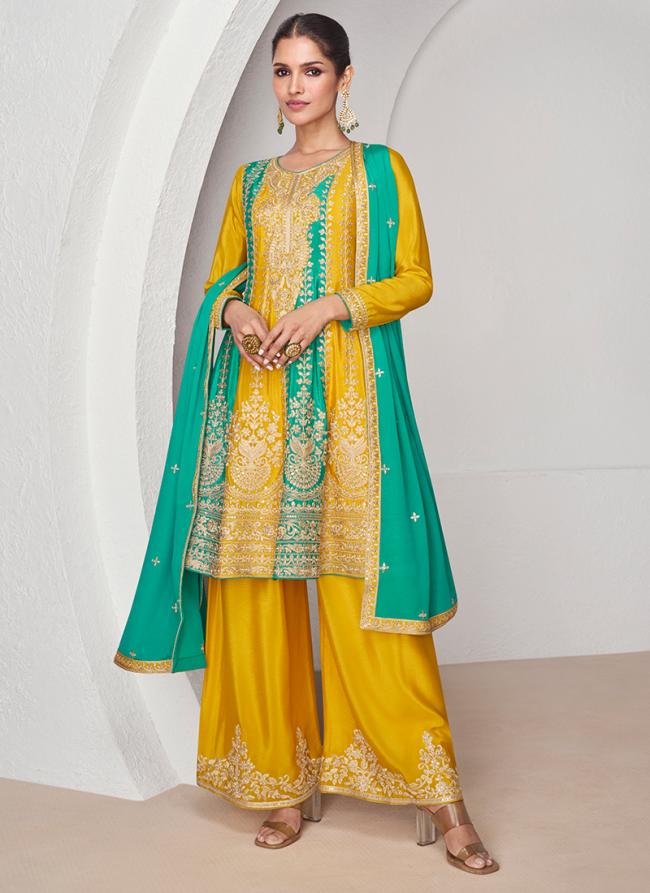 Chinnon Silk Yellow Eid Wear Embroidery Work Readymade Palazzo Suit